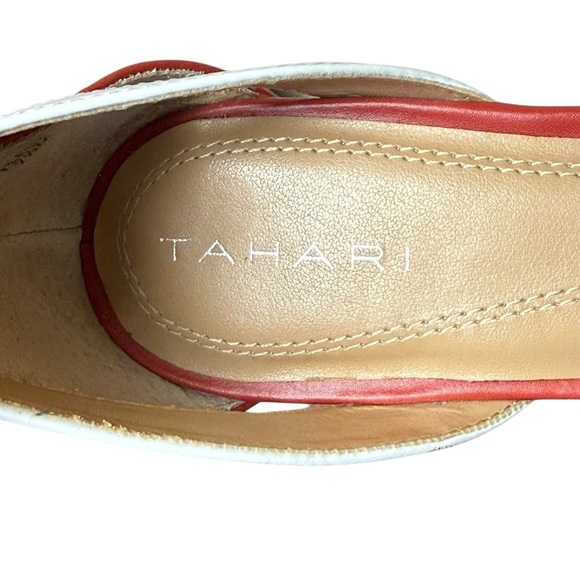 Tahari Fleur Womens Peep Toe Flats Tan Red White Ankle Strap Sandal 7.5M Leather - Picture 6 of 9